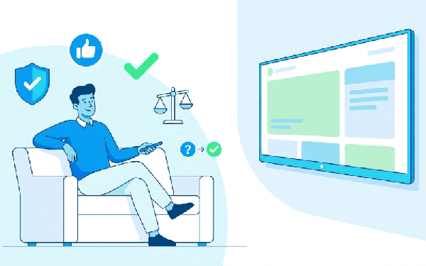 Canadian deciding if King Tv is worth it, with safety shield, checkmark and thumbs-up trust icons beside a smart TV