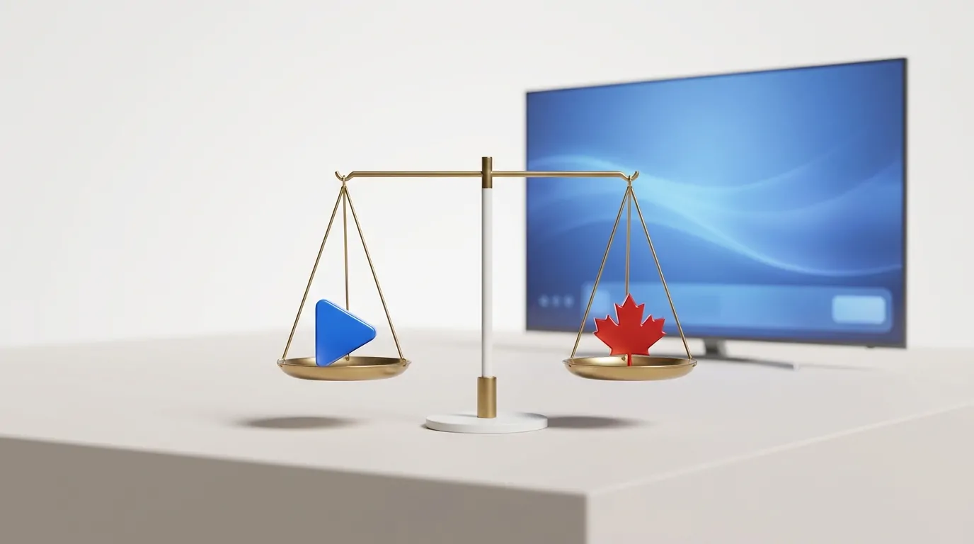 Justice scale weighing a play button and a maple leaf, showing whether King Tv is legal in Canada